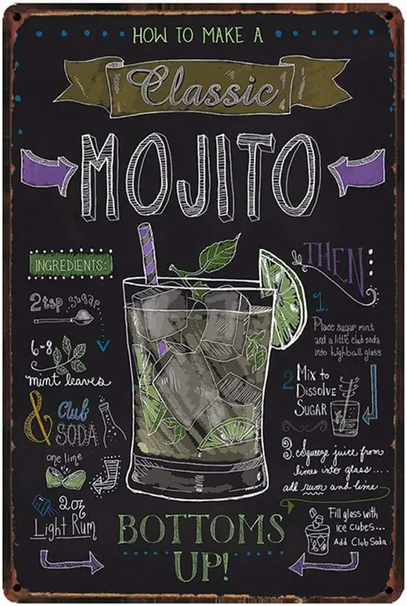 How to Make A Classic Mojito, Retro Embossed Metal Bar Sign Cocktail for Wall Decor 12