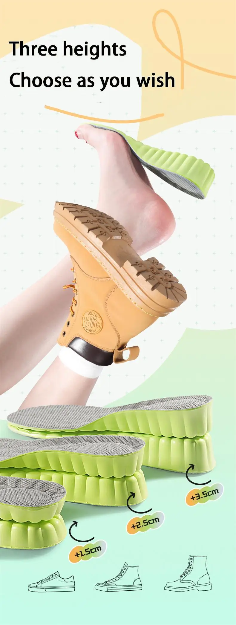 Fußgewölbe-Einlagen zur Erhöhung der Körpergröße, atmungsaktive, stoßdämpfende Sport-Einlegesohlen, weiche, bequeme Schuhpolster, 1 Paar. – Detail 2