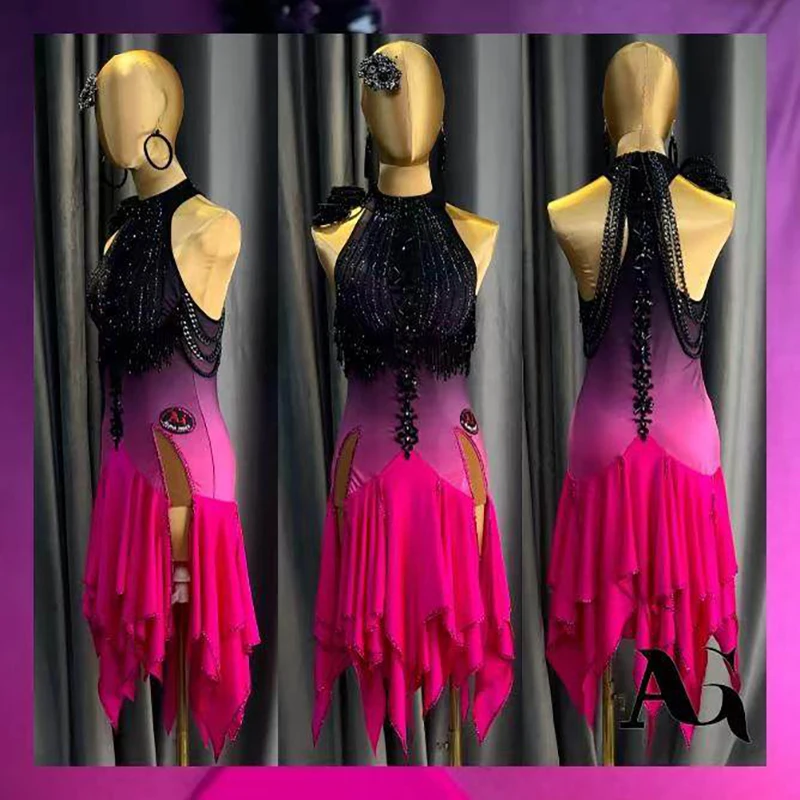 Latin Dance Adult Children'S Dress AB Stone High-End Custom Gorgeous Gradient Purple Cha Tango Women'S Clothing