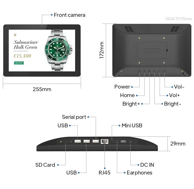 10.1 inch RK3568 android aa wall mount IPS POE NFC capacitive fitness touch rowing machine screen tablet