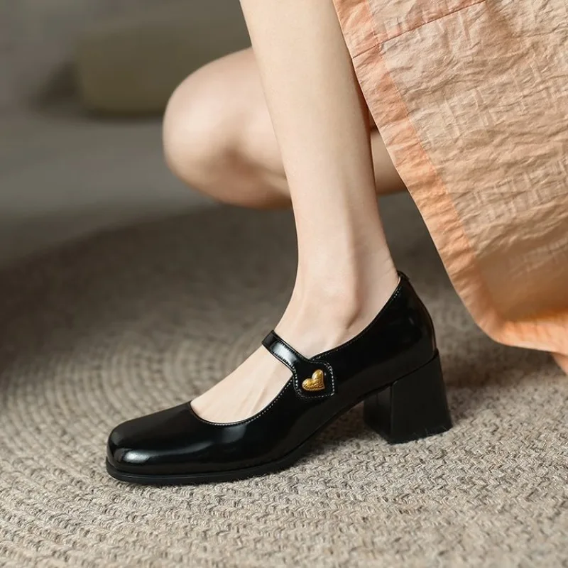 

Hot Seller 2026 New Elegant Simple Leather Mary Janes Women's Shoes with Buckle Round Head Medium Heel Casual Slip-On Shoes