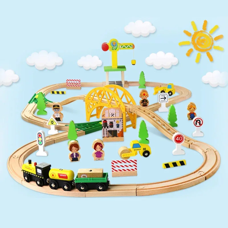 TOPMAYA Set di costruzioni con anelli per autostrada Treno magnetico elettrico ferroviario per tutte le marche Giocattolo ferroviario in legno