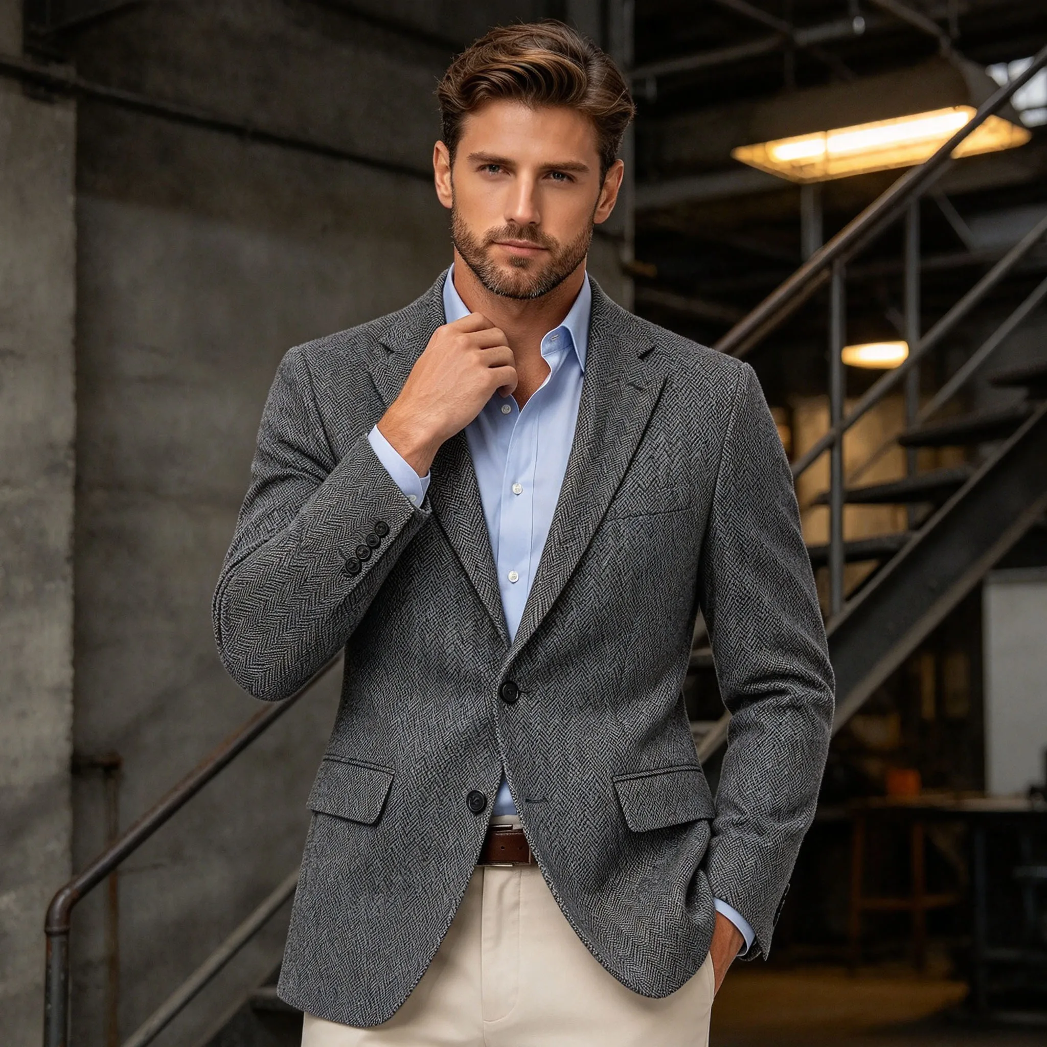 Blazer de Tweed con Patrón de Espiga para Hombre, Chaqueta de Traje Ajustada de Solapa Entallada con Botones, Chaqueta Formal de Oficina, Abrigo Deportivo, Chaqueta Casual de Negocios para Fiesta