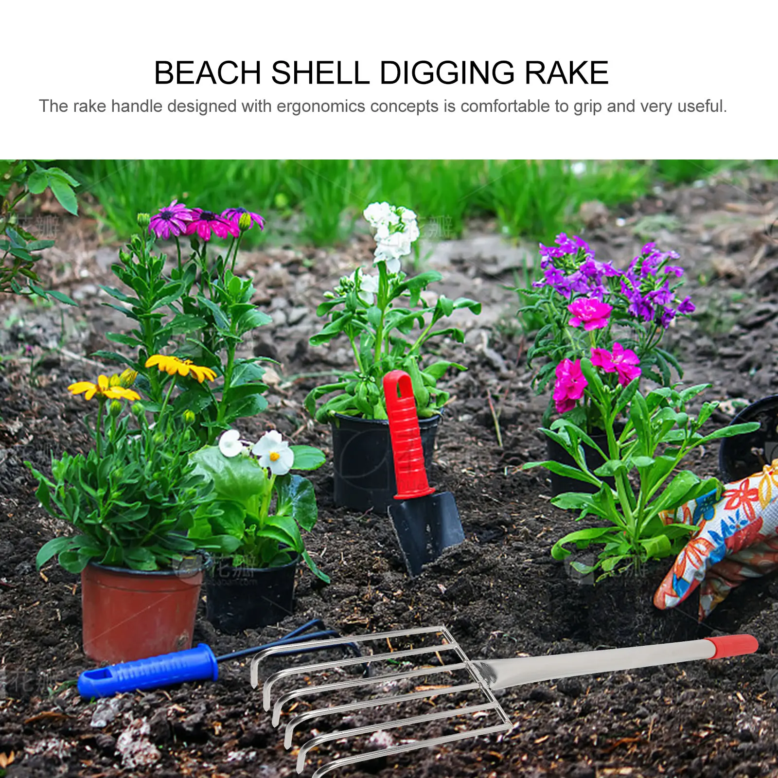 

Stainless Steel Rake Durable Shell Digging Tool Rubber H Digging Claw Spreading Soil Loosening Garden Tool Metal Shovel