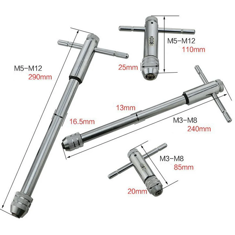 Adjustable T-Handle Ratchet Tap Wrench Hand Tapping Tools Metric Screw Thread Tap Twist Drill Bit Machinist Tool