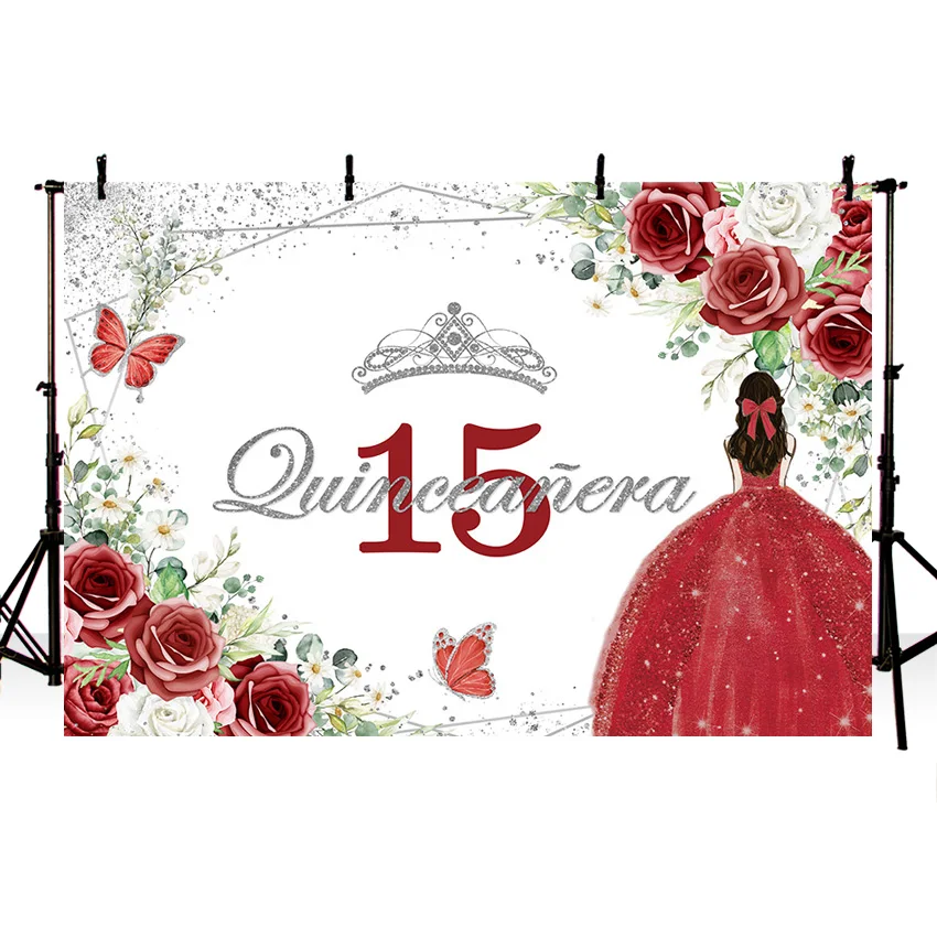 Mehofond Boho Red Dress Backdrop Quinceanera Princess 15 Birthday Flower Decor Girl Sweet Fifteen Photography Background Photos