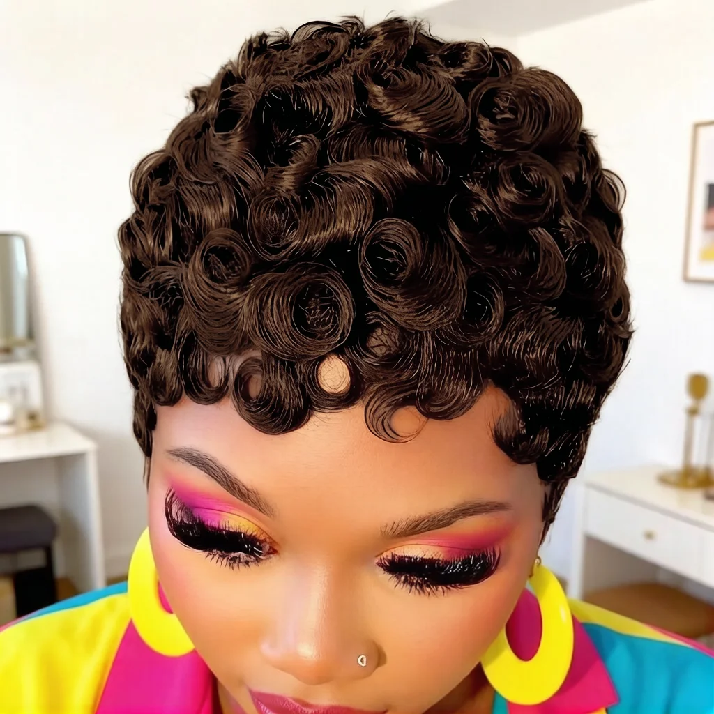 

Женский короткий волнистый парик пикси натурального цвета с лёгкими локонами - полностью машинной работы, 180% плотности, из натуральных человеческих волос, подходит для повседневной носки.