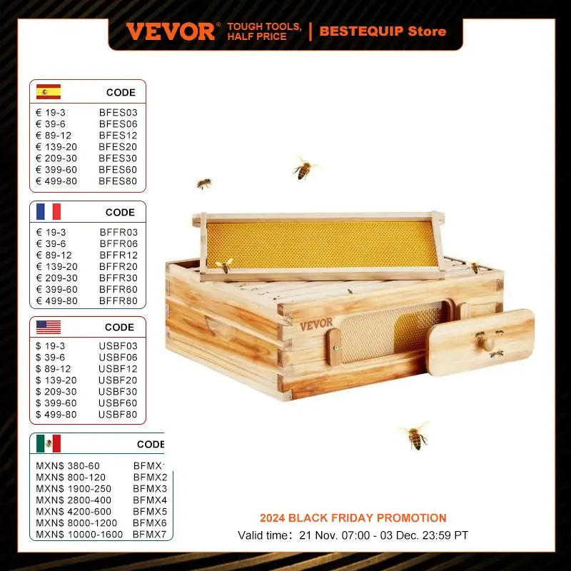 VEVOR Bee Hive Medium Box Starter Kit  100% Beeswax Coated Natural Cedar Wood  Beehive Kit with 10 Frames and Foundations   