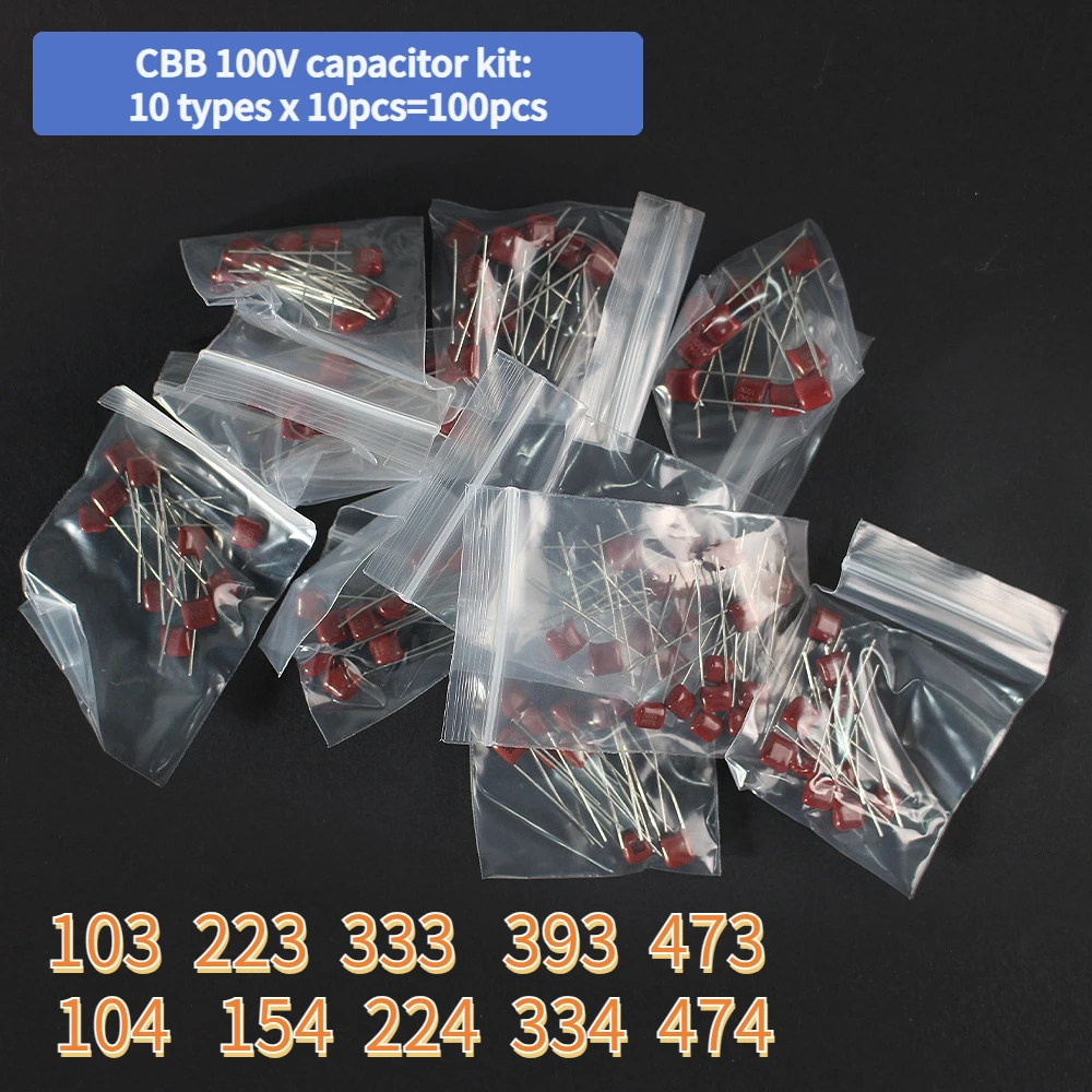 100PCS 100V CBB Polypropylene Film Capacitors Kit 103 223 333 393 473 104 154 224 334 474 10nF 22nF 33nF 39nF 47nF 470nF