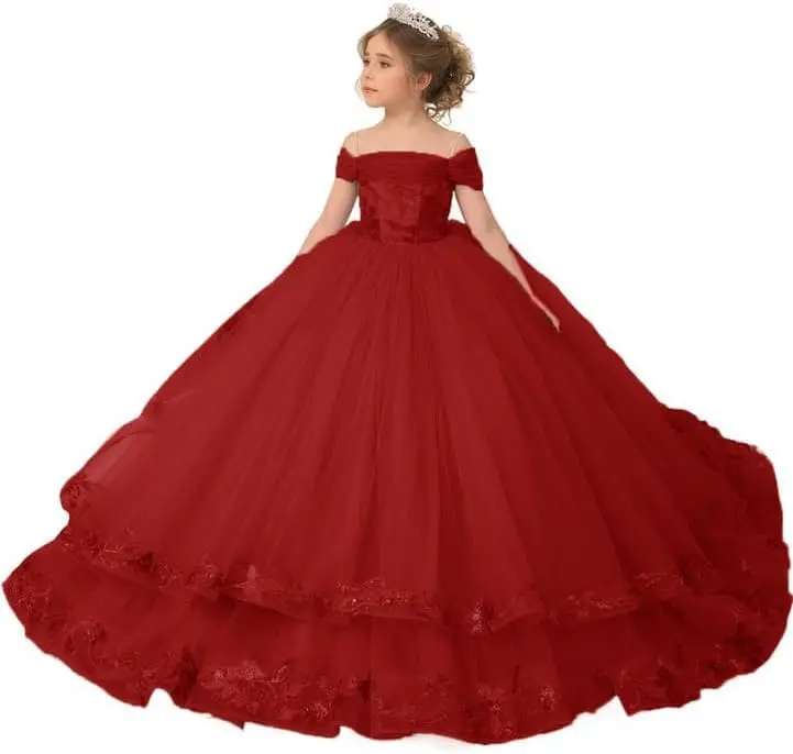 

Платье с цветочным узором для девочек, пышное платье принцессы с открытыми плечами, длинное бальное платье из тюля на бретельках, длинное бальное платье для дня рождения