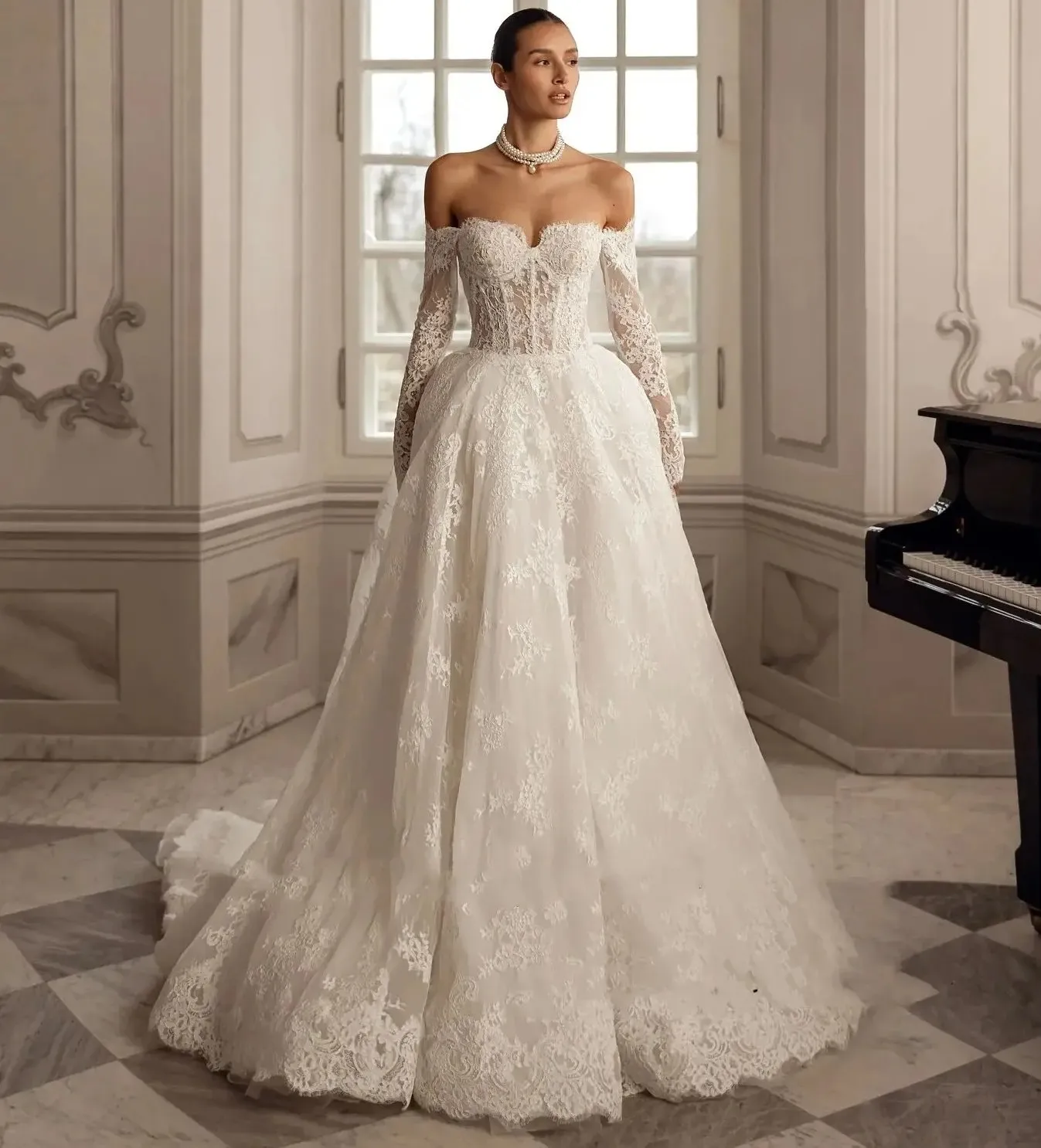 

A-line Lace Wedding Dresses Sweetheart Off Shoulder Detachable Sleeves Bridal Dress Robe De Mariee vestidos de novia