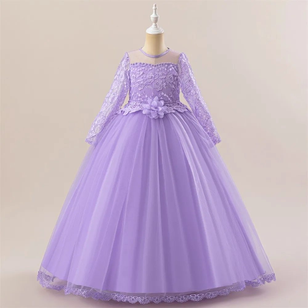 

Girls Long Sleeve Dress Formal Gown Kids Party Attire Elegant Tulle Skirt Princess Wedding Outfit Special Occasion Dress