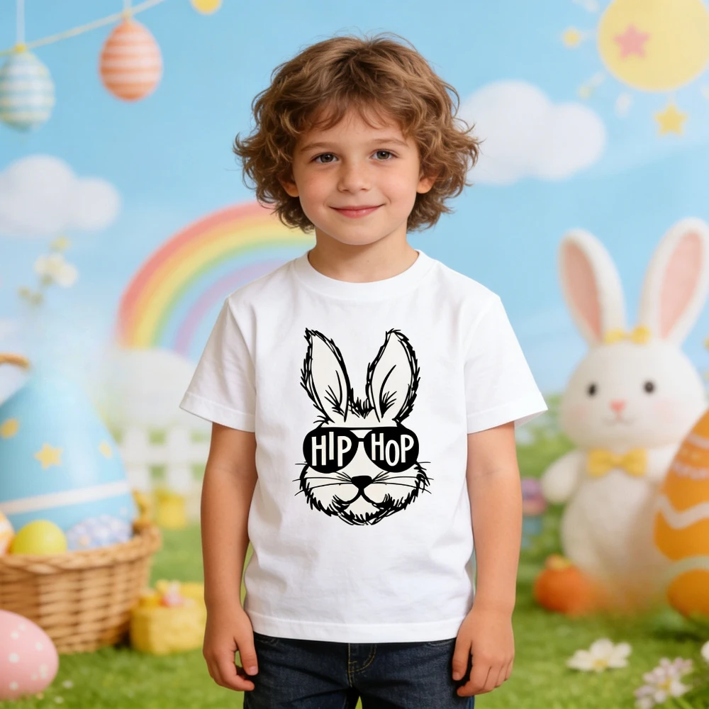 Hip-Hop-Hasen-Shirt Frohe Ostern T-Shirt Cooles Häschen-T-Shirt Kinder-Oster-Shirt Jungen und Mädchen Mode Alltag Baumwoll-Oberteile