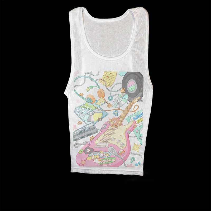 White Slim Fit T Shirt Women Cute Pastel Cartoon Guitar Vinyl Print Short Sleeve Kawaii Egirl Y2K Music Harajuku Streetwear Tee