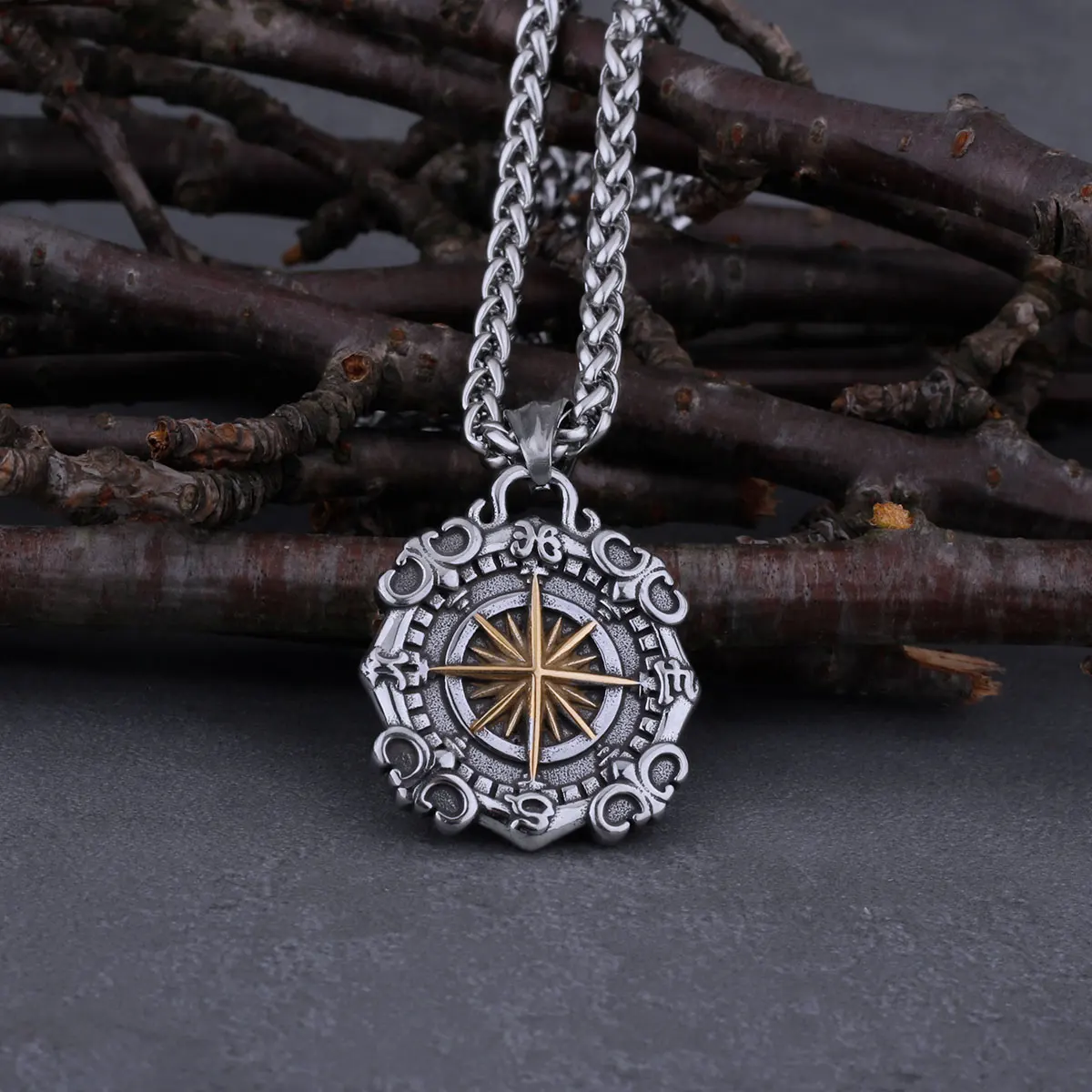 316L Stainless Steel Viking Star Sea Compass Necklace Nordic Hip Hop Retro Wild Boutique Biker Pendant Charm Creative Jewelry