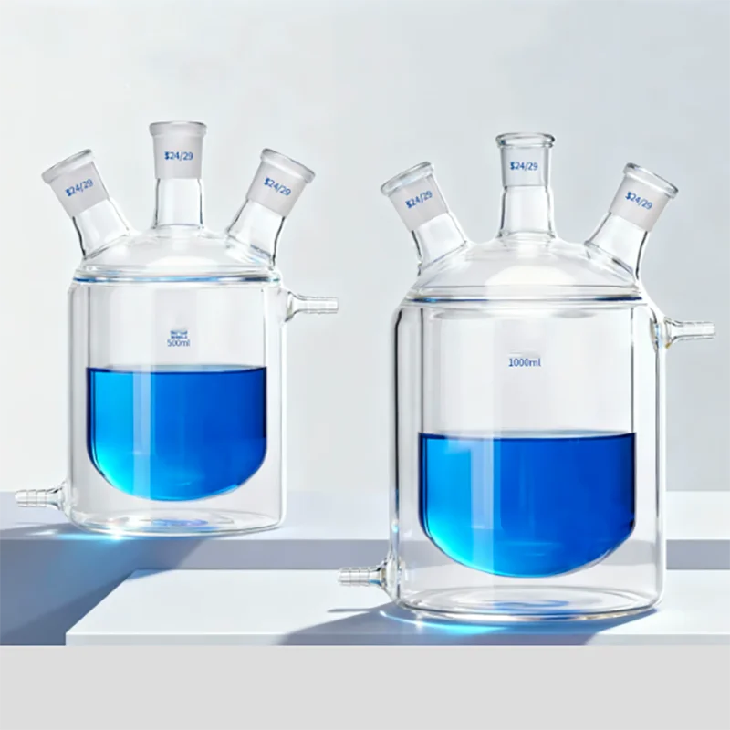 Three-neck jacketed reaction flask, flat bottom, round inner and flat high borosilicate glass double-layer reaction flask