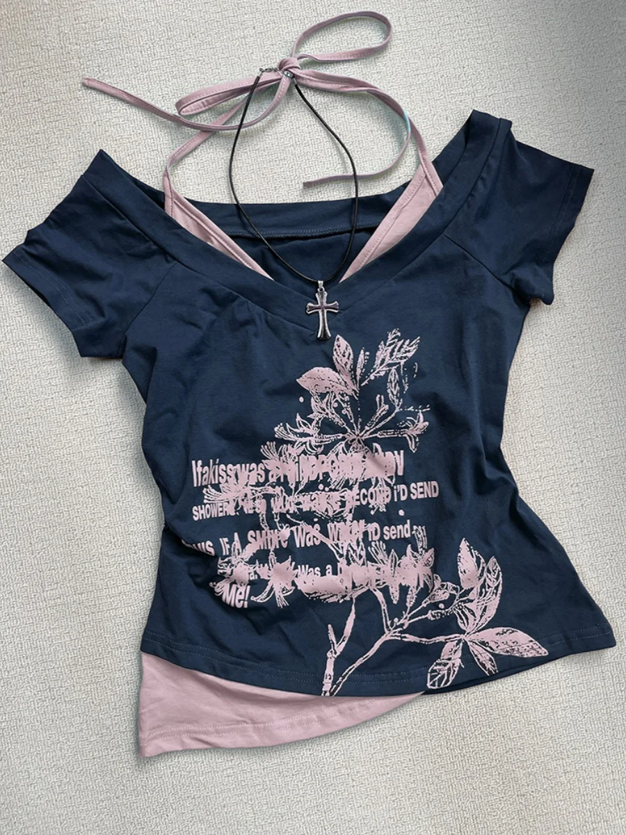 Blue oulder Bared ort Sve T irt Damen Sommer American Retro Design Einzigartiges zweiteiliges Top Baumwollmischung Slim Fit Yout...