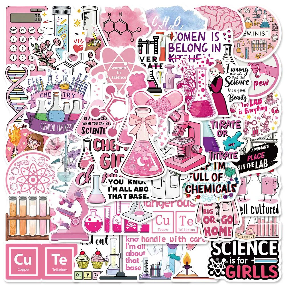 10/30/50pcs Pink Cartoon Chemical Reagent Stickers Funny Science Lab Decals DIY Scrapbook Laptop Guitar Waterproof Sticker Decor