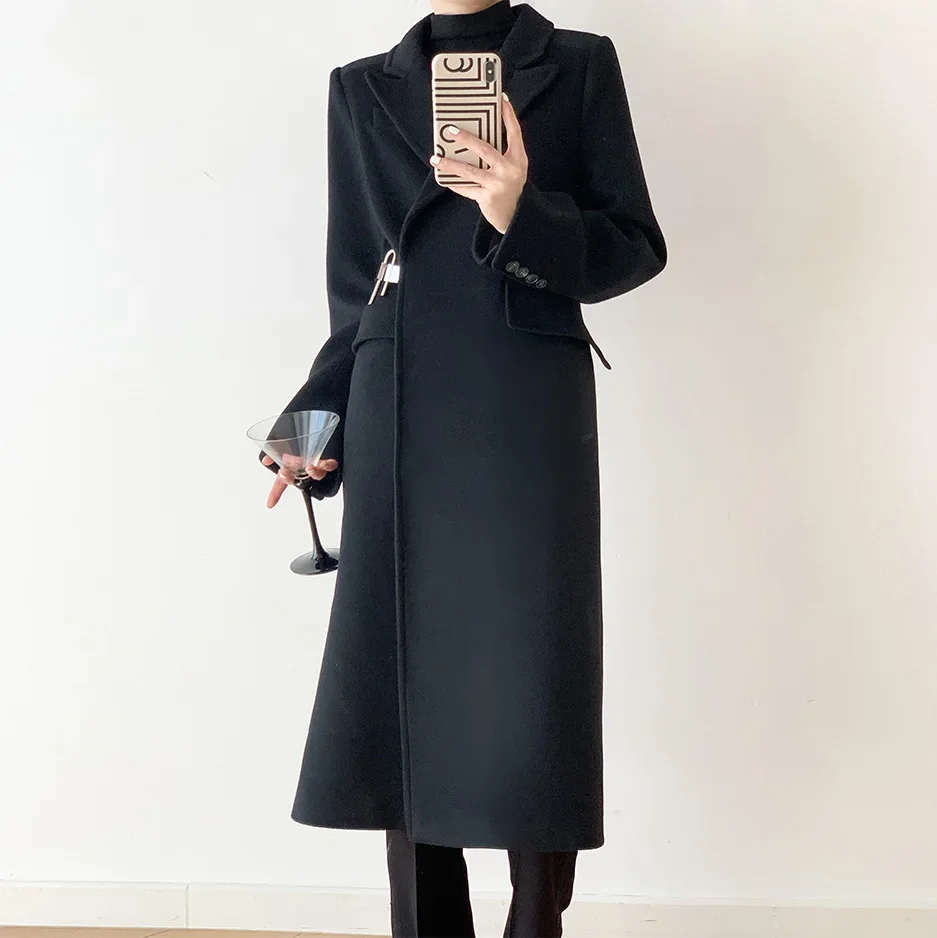 Black Wool Coat Hepburn Style French Coats Long Jackets Women Winter Metal Button Office Lady Woolen Overcoat