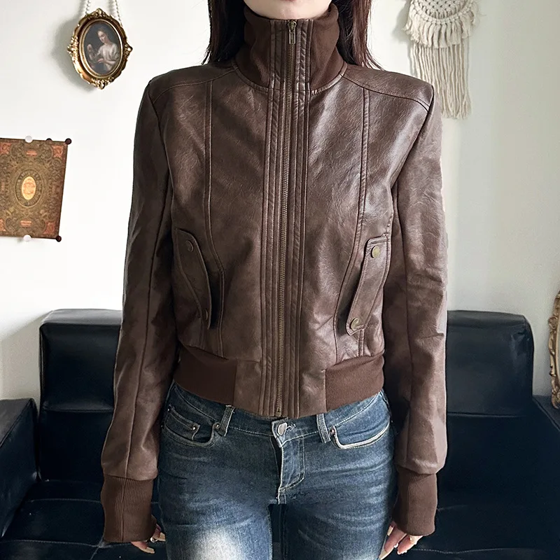 Vintage Brown PU Leather Jackets Women\'s Zipper  Leather Jacket Women Coat Outerwears Women\'s Winter Jacket