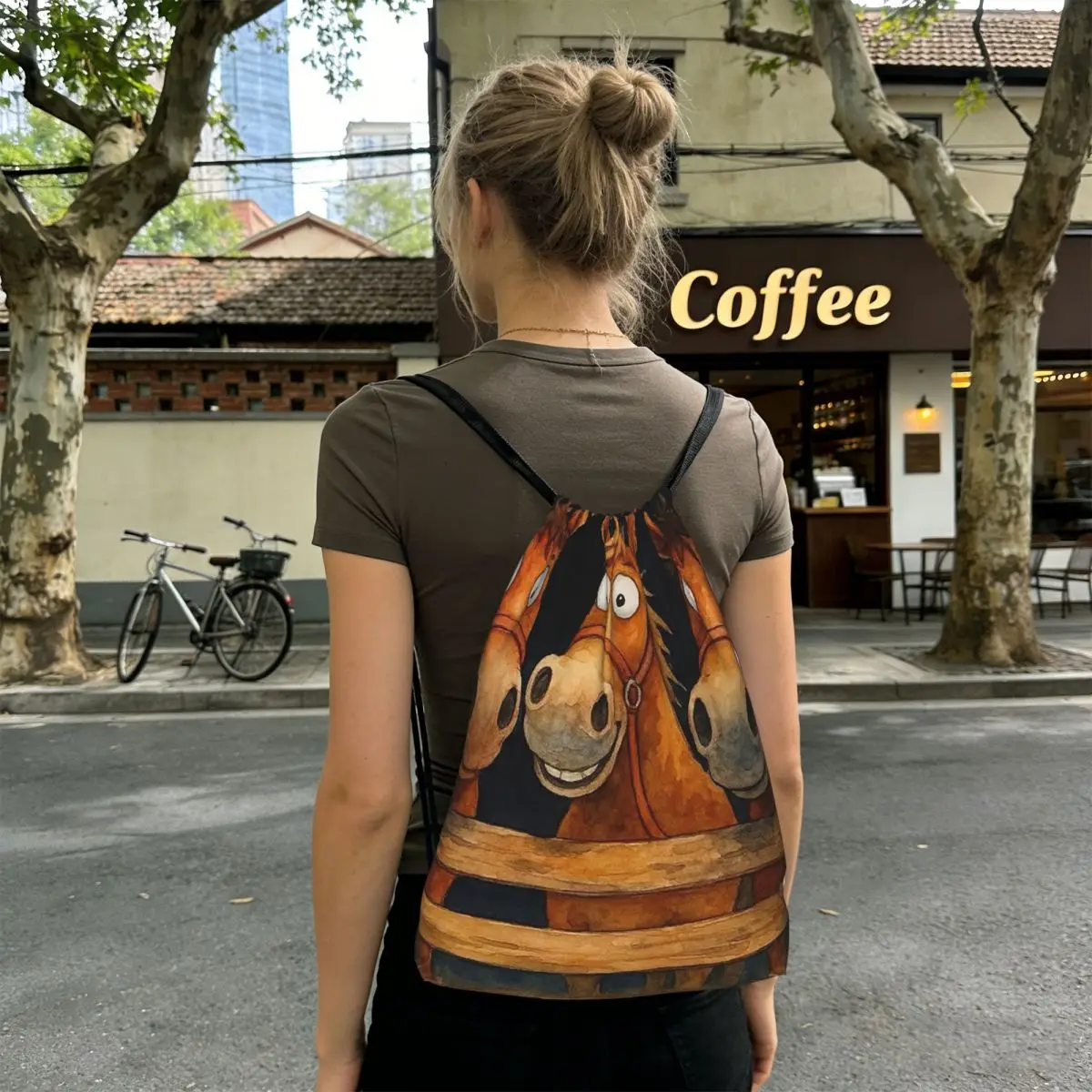 Three Cartoon Horse In Fences Backpacks Casual Drawstring Bags Shoes Bag Book Bags for Travel Students