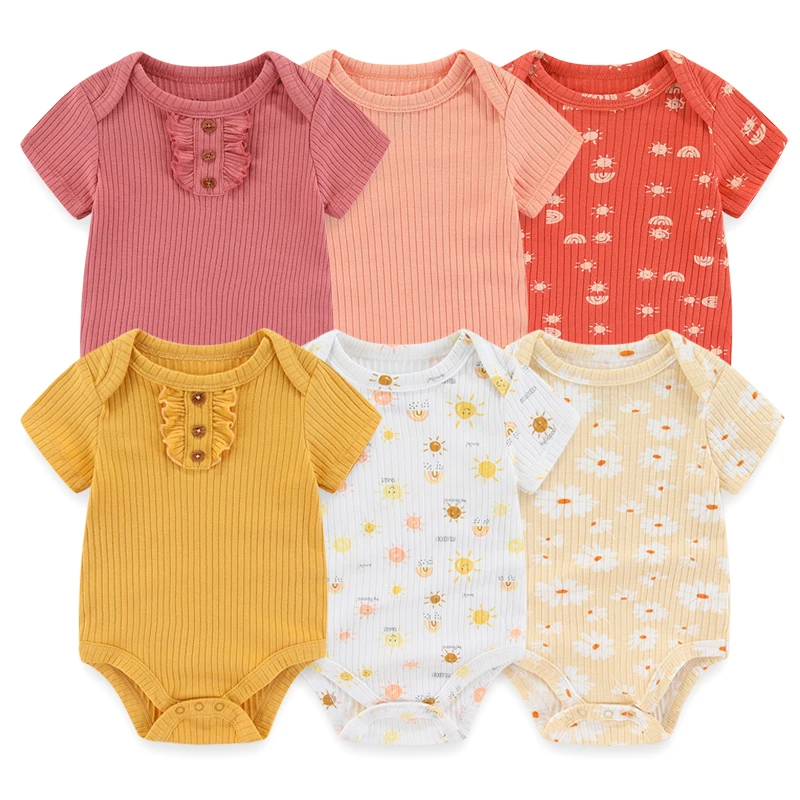 Newborn Baby Girl Clothes 6Pieces Bodysuits Solid Color Cotton Baby Boy Clothes Set Cartoon Short Sleeve Bebes