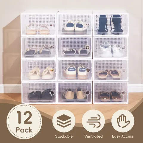 Deli 12-Pack Clear Stackable Shoe Boxes, Foldable Closet Organizers with Lids,For Closet, Shelf, Sneakers, Boots