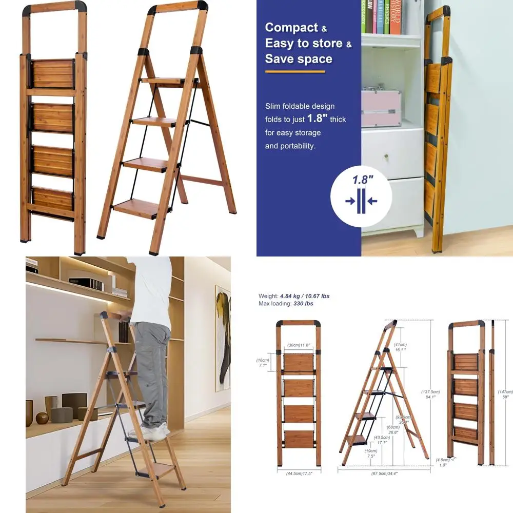 Antypoślizgowy, przenośny, wytrzymały, 4-stopniowy aluminiowy składany stołek z wykończeniem imitującym drewno do użytku domowego, kuchennego i biurowego.