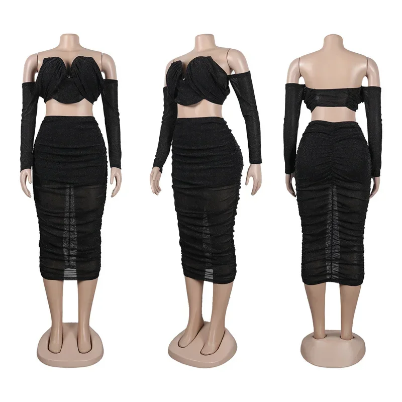 Sexy Party Night 2 Piece Outfit Set Women Y2K Clothing Mesh Ruched Strapless Crop Top and Skirt Clubwear Bodycon Maxi Dress Sets