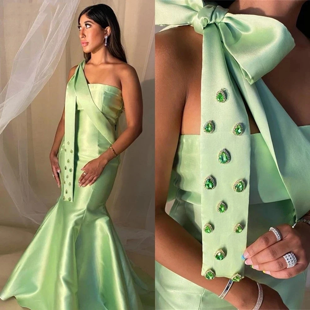 

Customized Elegant Fashion Strapless Mermaid Rhinestone Satin Party Dress Bows Floor Length Sleeveless Formal Evening Gowns