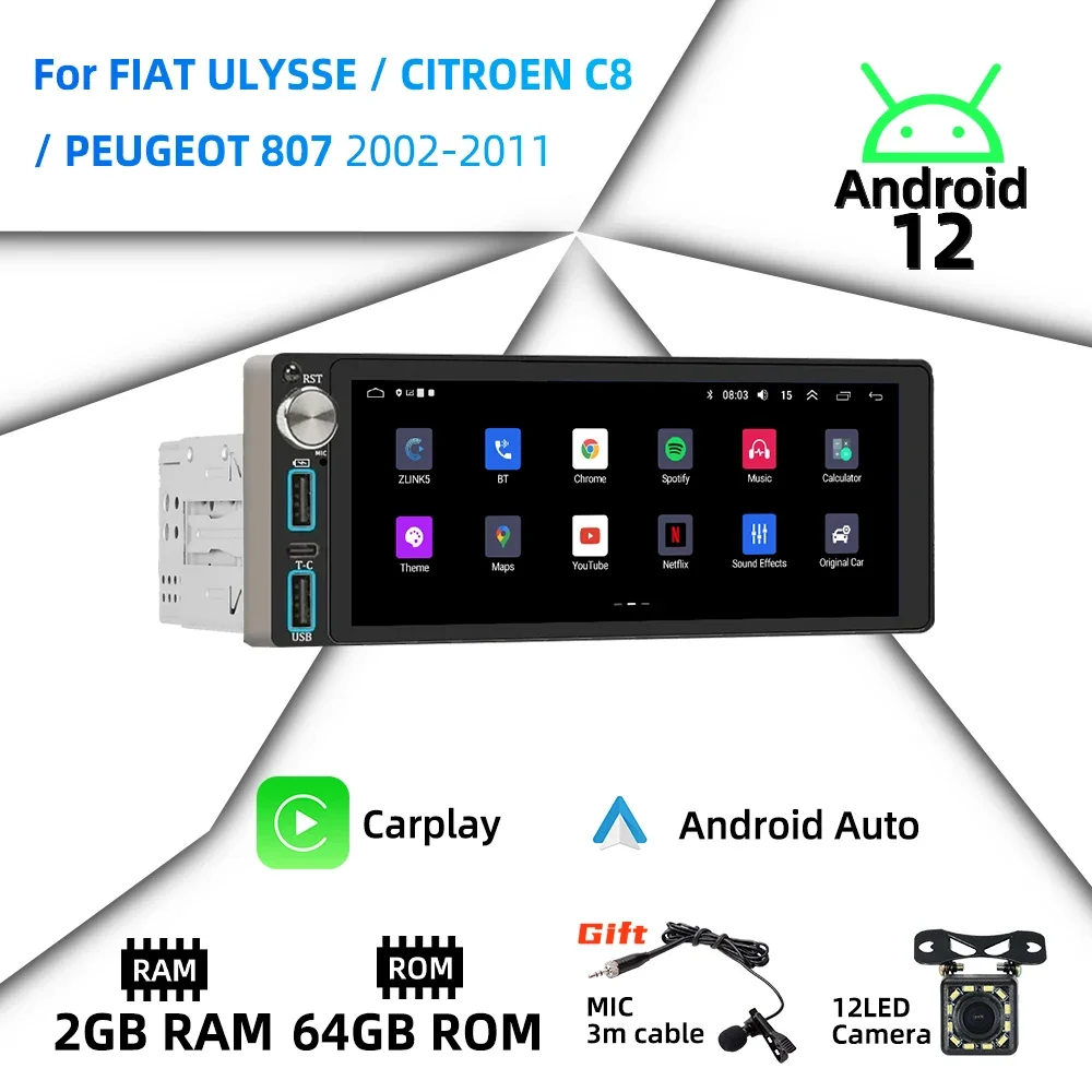 6.86" Screen Android Car Multimedia for FIAT ULYSSE CITROEN C8 PEUGEOT 807 2002-2011 1 Din Radio Head Unit Autoradio GPS Carplay