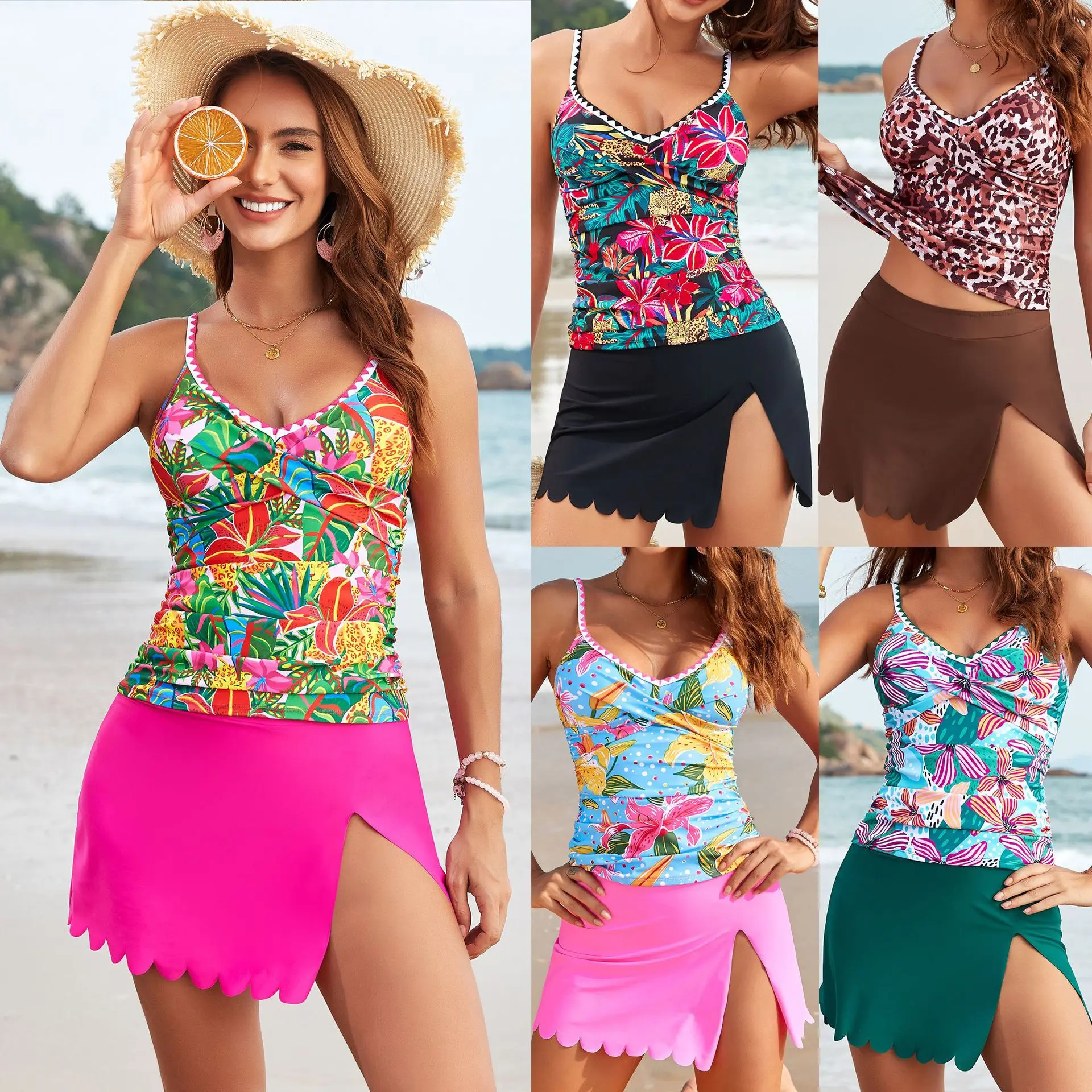 Vestido Tankini con volantes y corte láser, traje de baño de dos piezas de alta tecnología con corte Floral, vestido veraniego para vacaciones con abertura alta, chaleco, Tops de Bikini, novedad de 2026