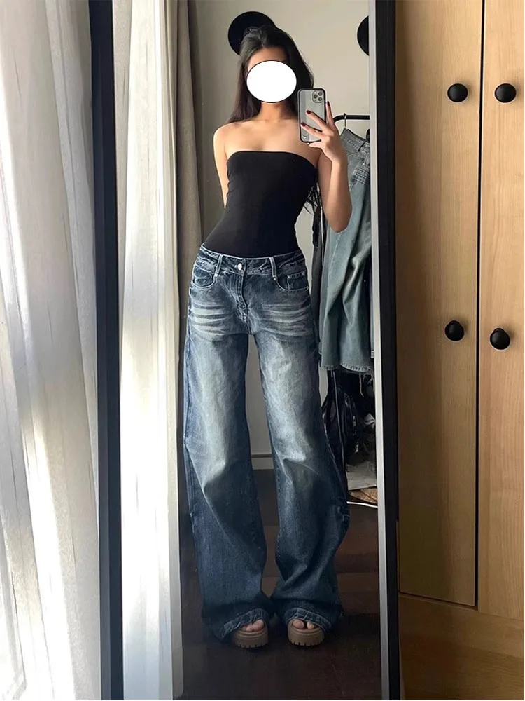 

Loose High Waist Bell Bot Denim Jeans Women's American High Street Sle Summer Long Pants Vintage Wear Resistant