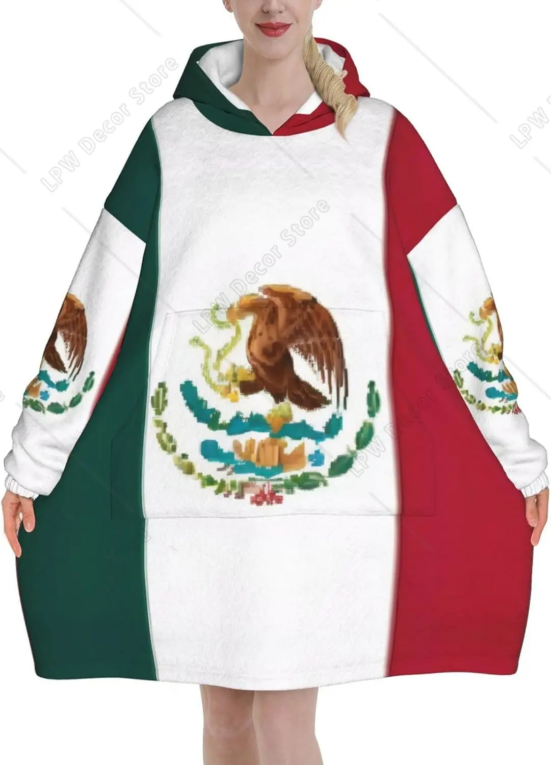 Flag Of Mexico Oversized Blanket Hoodie Wearable Blankets For Women Men Soft Warm Flannel Hooded Sweatshirt