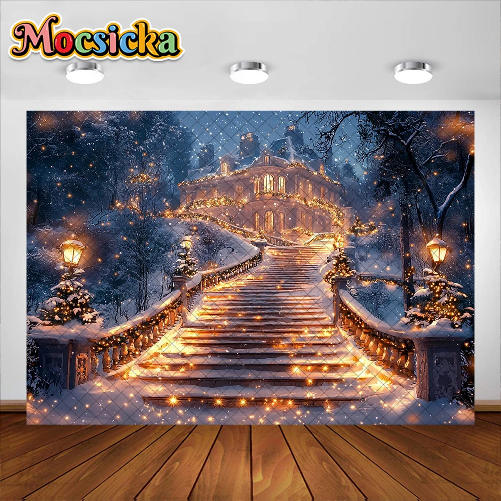 Christmas Photography Background Lights Stairs Snow Holiday Decoration Princess Xmas Photo Portrait Backdrops Studio Props