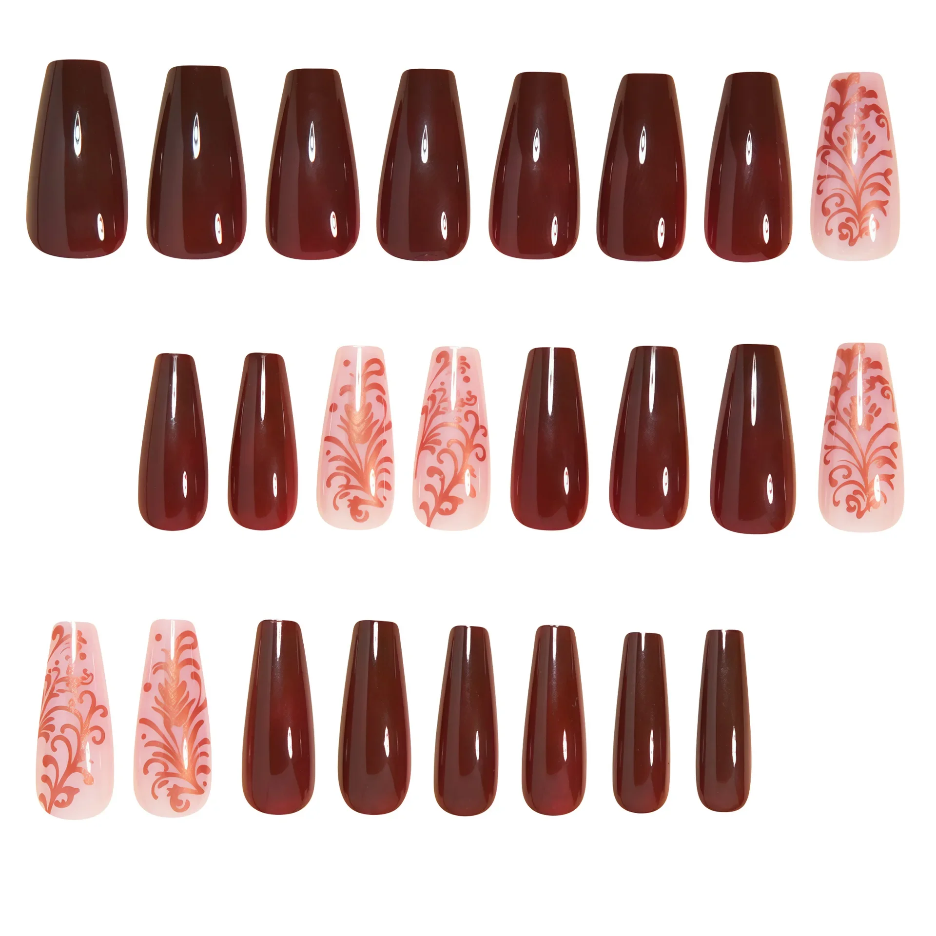 24 pçs vintage rosa ouro floral unhas falsas borgonha 3d gravado design unhas falsas luxo elegante quadrado imprensa em unhas para mulher
