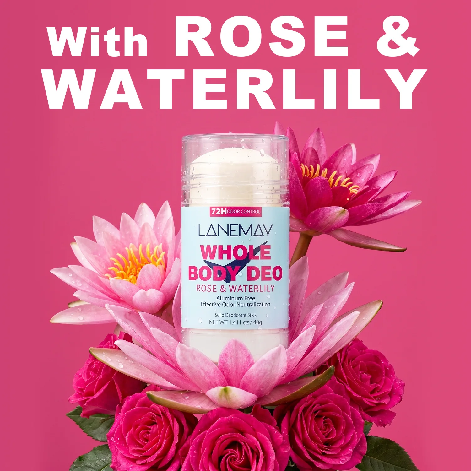 Whole Body Deodorant Stick 40g - Rose & Waterlily Scent - Aluminum Free 72H Odor Control - For Pits, Underboobs, Privates  Feet.