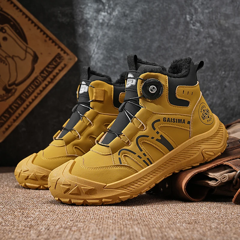 Botas de Trekking de invierno amarillas, zapatos de senderismo para hombre, zapatos altos para motocicleta, zapatillas de trabajo para hombre, botas cálidas de piel para caminar al aire libre para hombre
