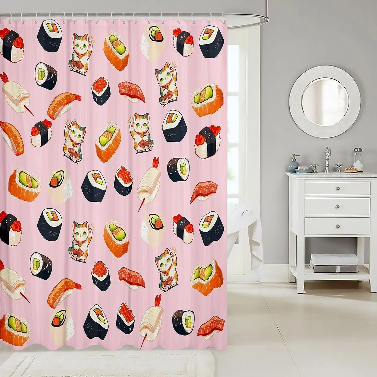 Cute Kawaii Sushi Bath Curtain Panel,Japanese Style Delicious Traditional Food Waterproof Fabric Shower Curtain,Cartoon Cat Pink
