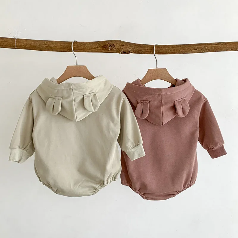 Autumn Spring Korean Style Toddler Baby Boys Girl Romper Long Sleeved Cotton Solid Color Hooded Newborn Baby Girl Boys Jumpsuit