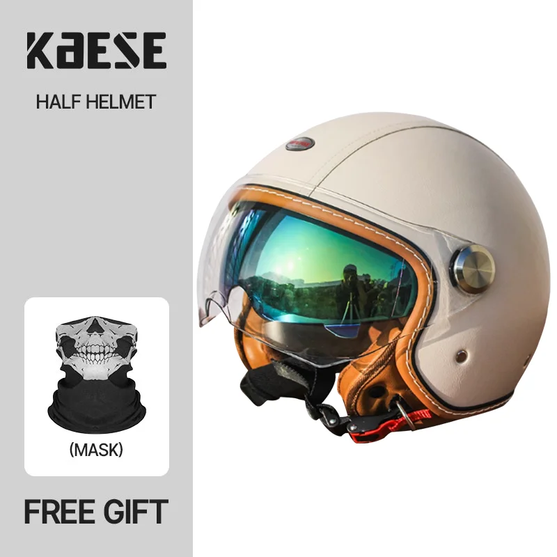 Reines schwarzes Leder Elektrisches Motorrad Kopfumfang Doppelvisier Retro Jet Helm capacete de moto masculino