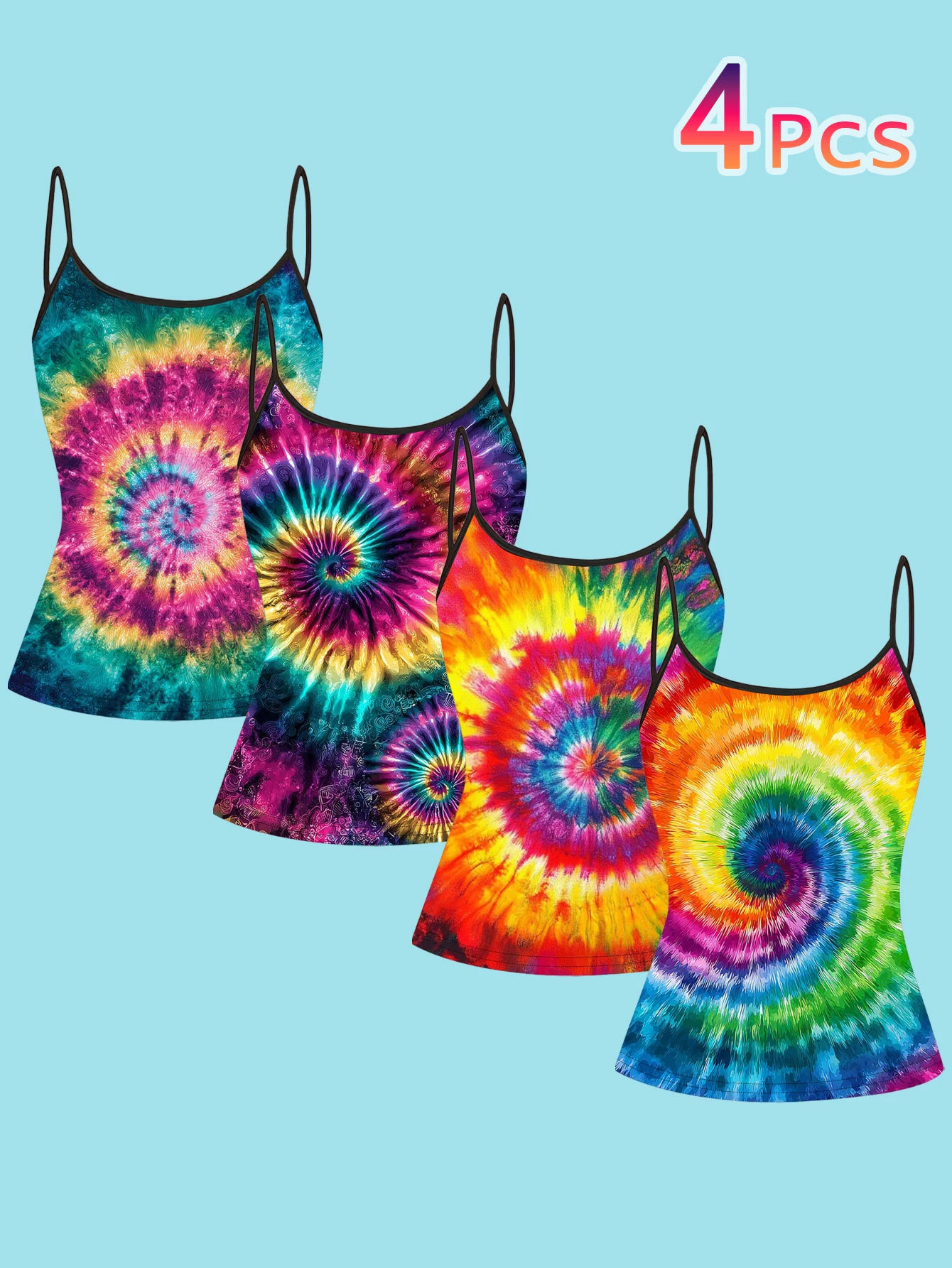 4-Piece Set of Women's Vintage Rainbow Swirl Tie-Dye Printed Spaghetti Strap Camisole Slim-Fit Base Layer Tops