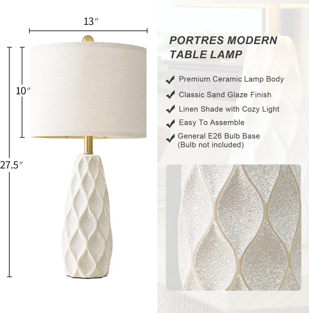 Set of 2 Modern Ceramic Table Lamps, 27.5" White Bedside Lamps for Living Room, Bedroom, Nightstand, Farmhouse Vintage Decor, Reading Light view 2