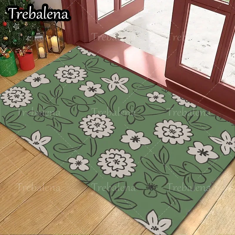 

1pc Welcome Door Mat Floral Pattern Green Doormat for Home Entrance Decor