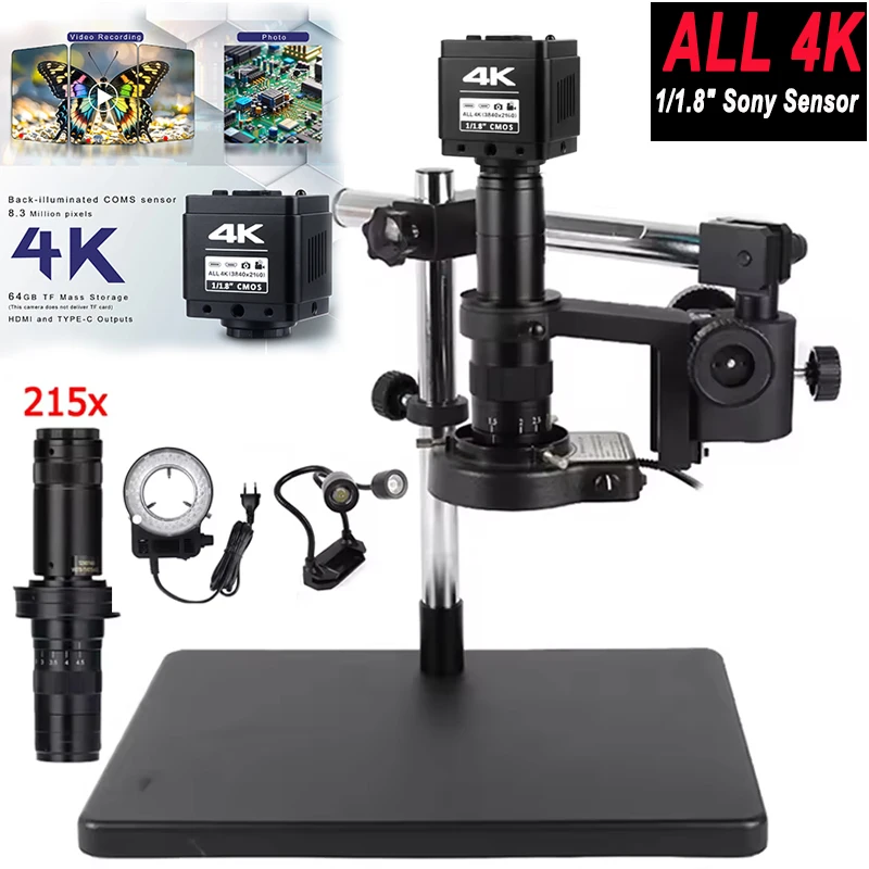 4K HDMI USB Electronic Digital Video Microscope Camera,215X Zoom C Mount Lens,Big Metal Base Universal Bracket Rotate 360,