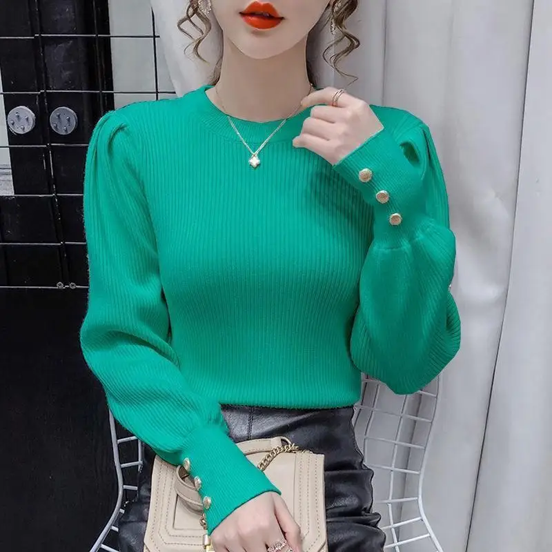 Autumn Winter New Women\'s Striped O-Neck Button Spliced Knitted Sweaters Fashion Casual Loose Pullovers Puff Sleeve Tops