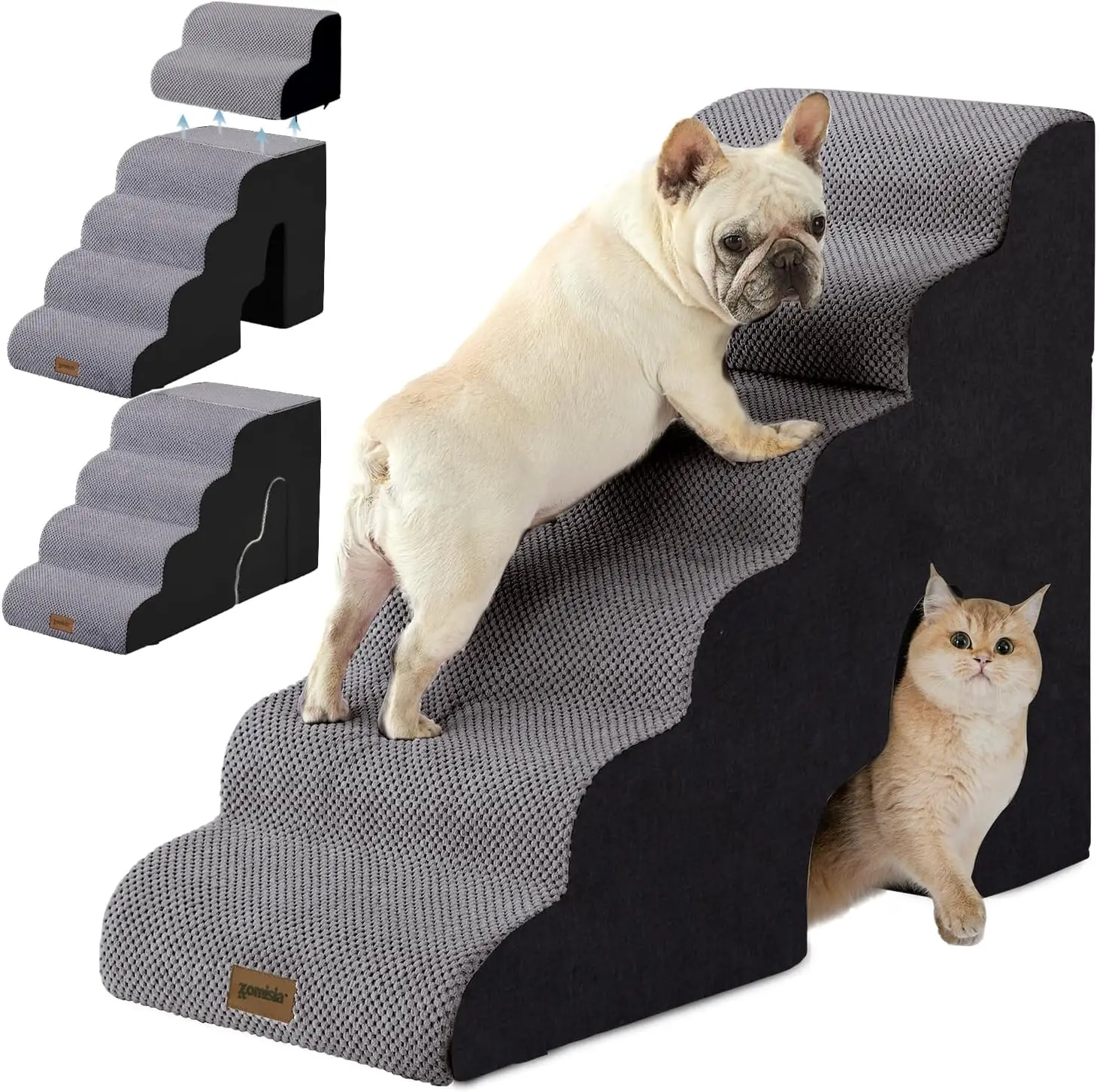 

29" H 6-Step Dog Ramp for High Beds with Tunnel, Non-Slip Bottom, Black - Indoor Pet Stairs