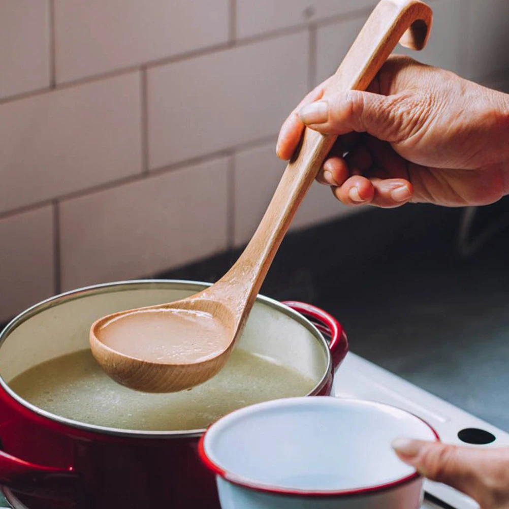 

1pc Wooden Soup Natural Japanese Wood Long Handle Large Capacity For Hot Pot Porridge Serving Ramen Spoon Wok Ladle Wooden