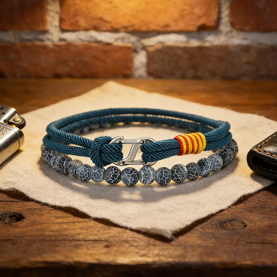 2-teiliges Seil-Perlenarmband-Set, handgefertigt, Nylon-Geflechtschnur, 6 mm Steinperlen, Schmuck im passenden Stil für Herren, Alltagskleidung, Geschenk