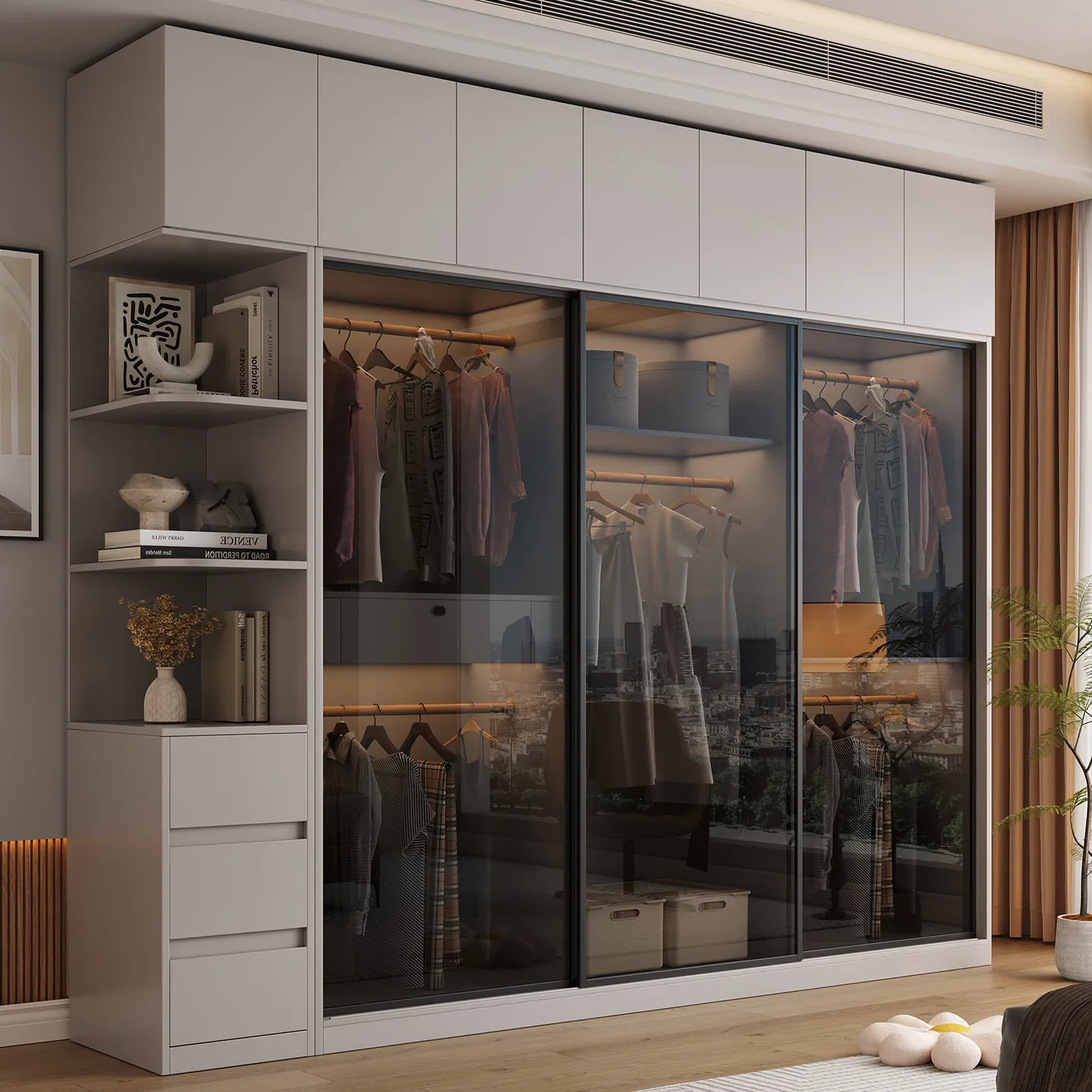 Wardrobe Home ENF Thickened European Pine Board Sliding Door Minimalist Modern Cabinet Glass Door Bedroom Storage Large Closet